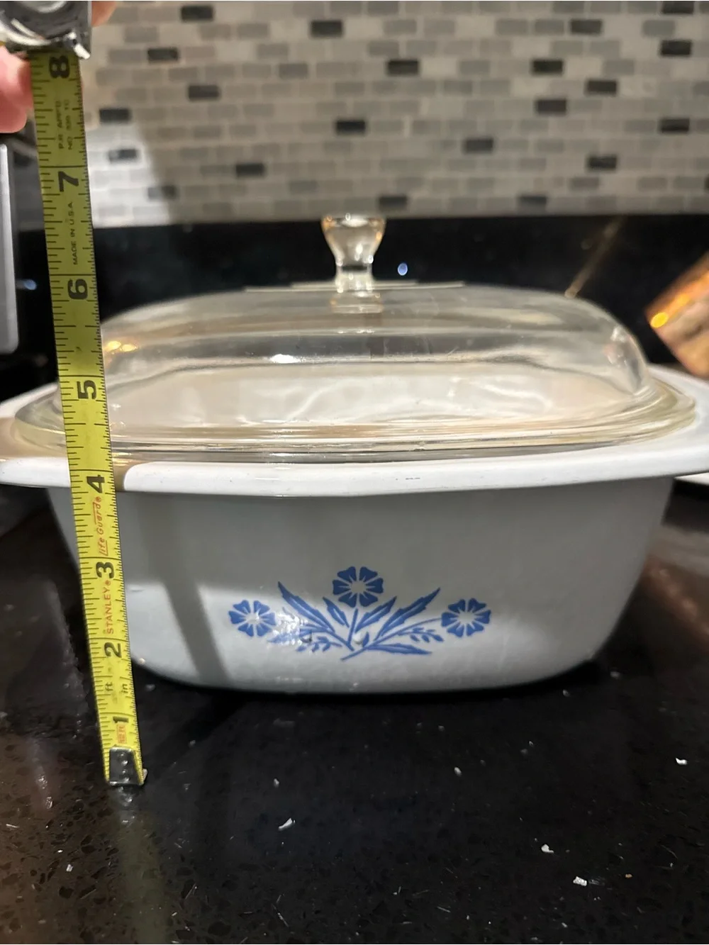 Corningware White Casserole with Blue Floral Motif and Glass Lid